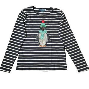 Karen Scott T-Shirt XS Black White Striped Long Sleeve‎ Glitter Penguin Holiday